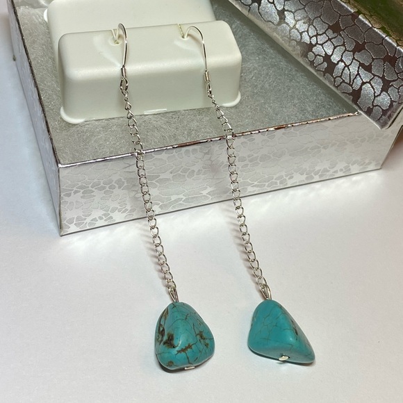 Turquoise Nugget Sterling Silver Drop Dangle Earrings - Picture 6 of 14